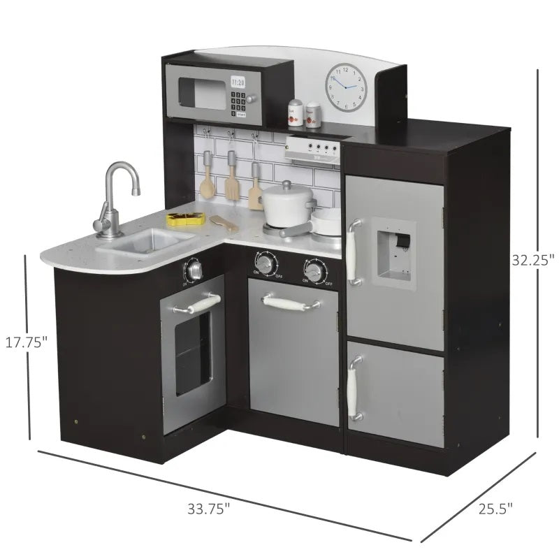 Kids Modern Kitchen Corner Kitchen Playset with Fridge, Stove and Cookware - Dark Brown