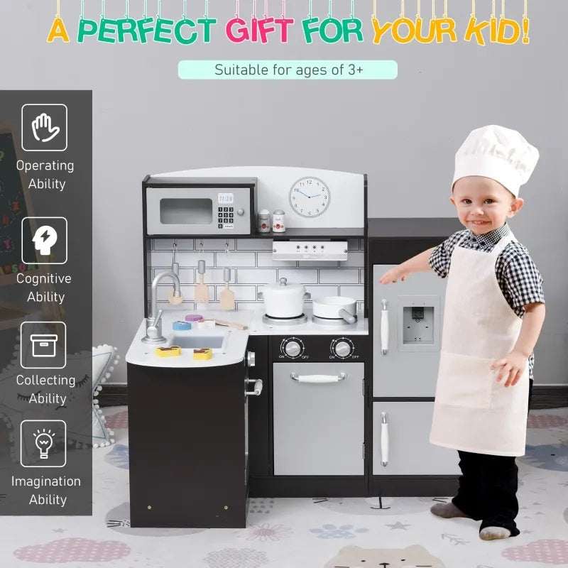 Kids Modern Kitchen Corner Kitchen Playset with Fridge, Stove and Cookware - Dark Brown