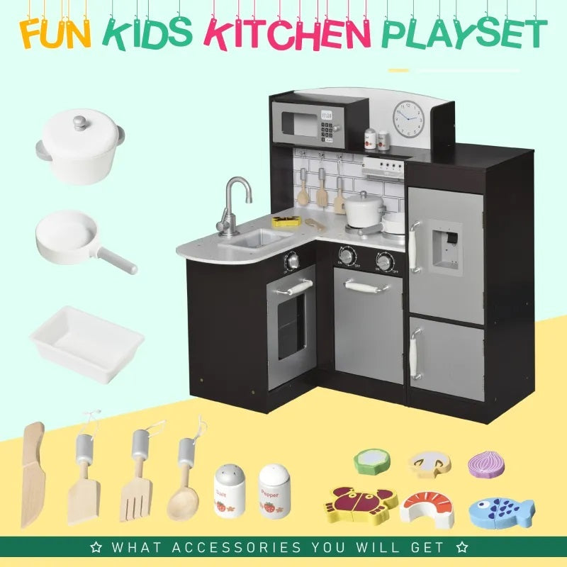 Kids Modern Kitchen Corner Kitchen Playset with Fridge, Stove and Cookware - Dark Brown