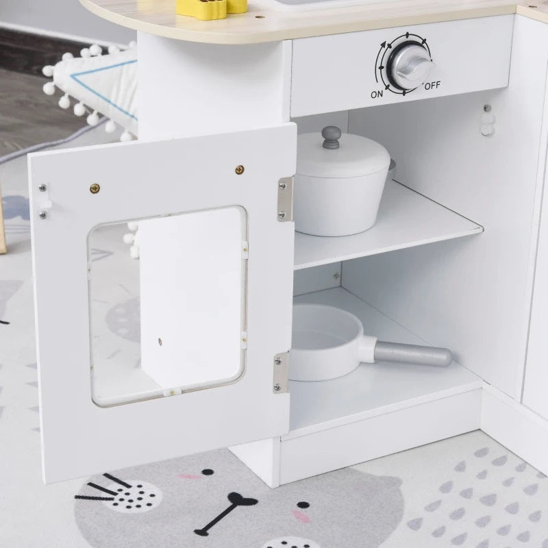 Kids Modern Kitchen Corner Kitchen Playset with Fridge, Stove and Cookware - White