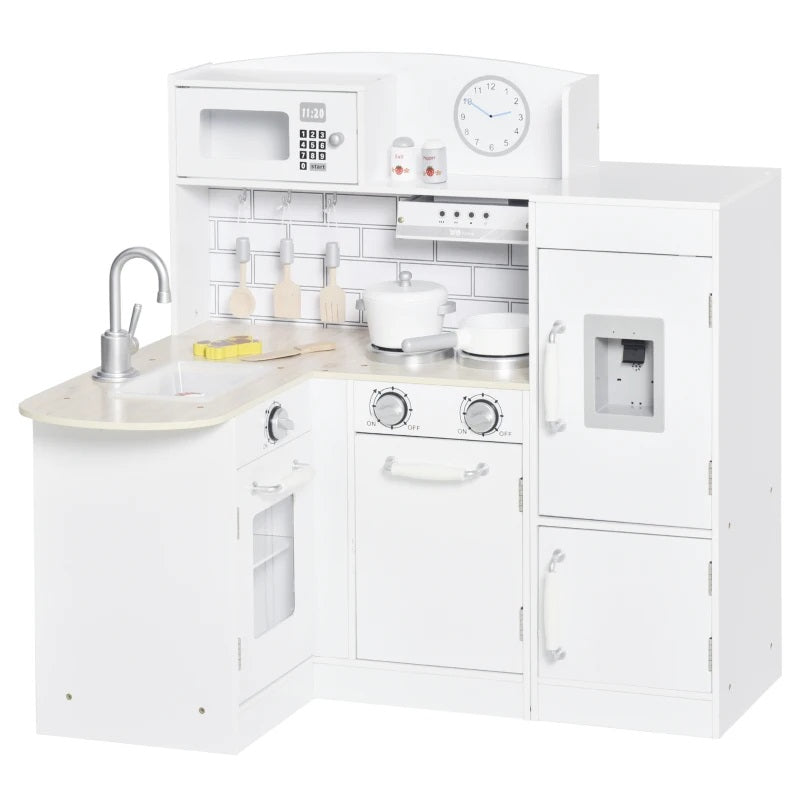 Kids Modern Kitchen Corner Kitchen Playset with Fridge, Stove and Cookware - White