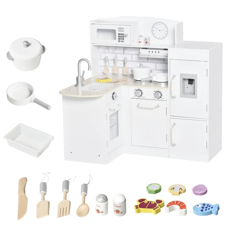 Kids Modern Kitchen Corner Kitchen Playset with Fridge, Stove and Cookware - White