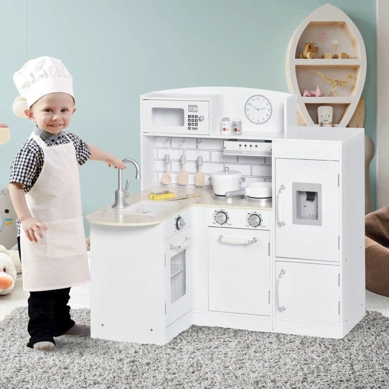 Kids Modern Kitchen Corner Kitchen Playset with Fridge, Stove and Cookware - White