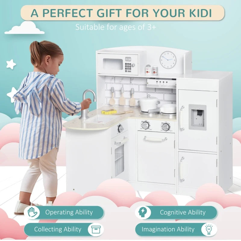 Kids Modern Kitchen Corner Kitchen Playset with Fridge, Stove and Cookware - White