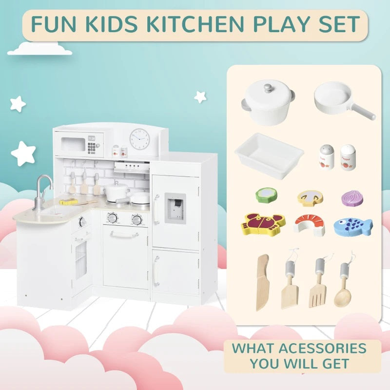 Kids Modern Kitchen Corner Kitchen Playset with Fridge, Stove and Cookware - White