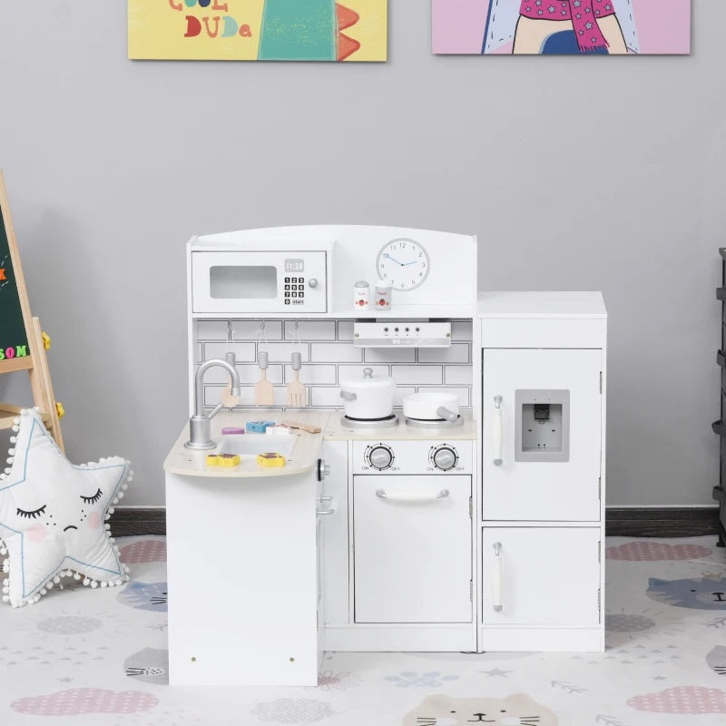 Kids Modern Kitchen Corner Kitchen Playset with Fridge, Stove and Cookware - White