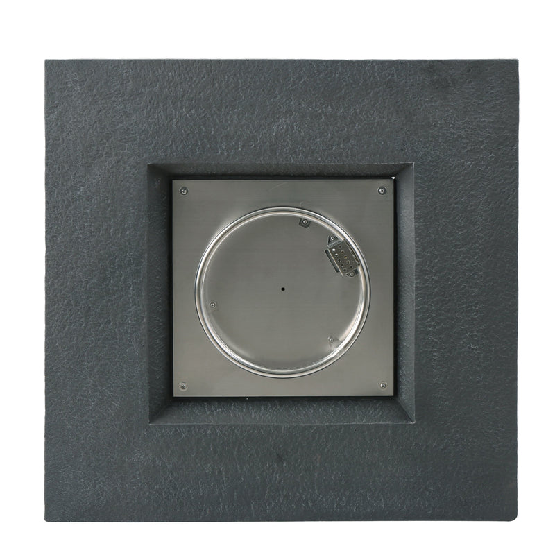 Square propane fire table top with fire ring and grey stone table top on white background