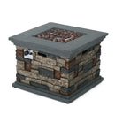 Square stone MGO propane fire pit table with a gray top on a white background