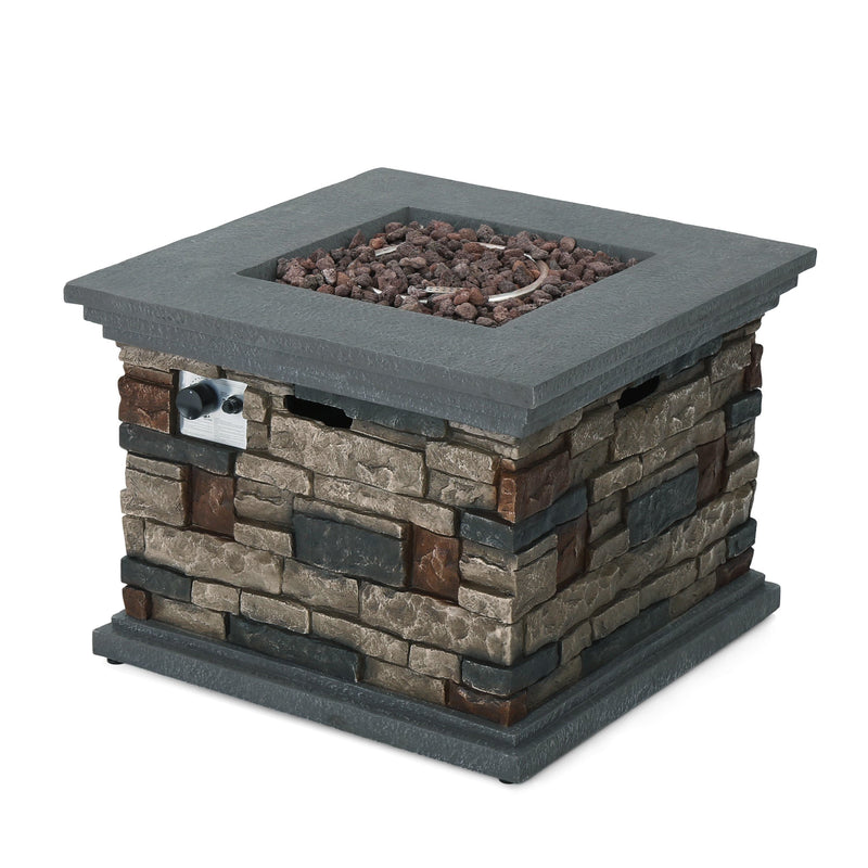 Square stone MGO propane fire pit table with a gray top on a white background