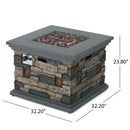 Outdoor propane fire pit with stone design and dimensions on a white background
