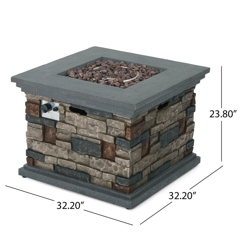 Outdoor propane fire pit with stone design and dimensions on a white background