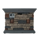 Multi coloured stone propane fireplace with a gray mantle on a white background