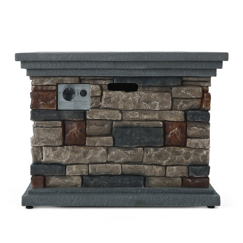 Multi coloured stone propane fireplace with a gray mantle on a white background