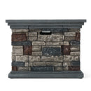 Stone fireplace with a gray mantle on a white background