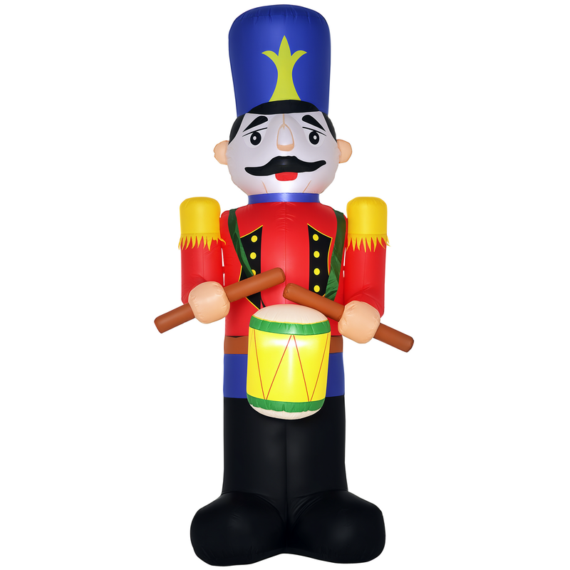 Inflatable Christmas display nutcracker toy holding drum and clubs on a white background