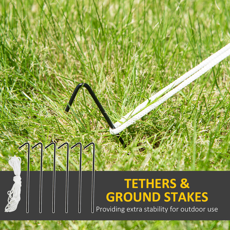 White tethers with black ground stakes on grass, text 'Tethers & Ground Stakes' and 'Providing extra stability for outdoor use'.