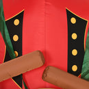 Inflatable Christmas display costume with red, green, and black colors featuring yellow polka dots on a red background.