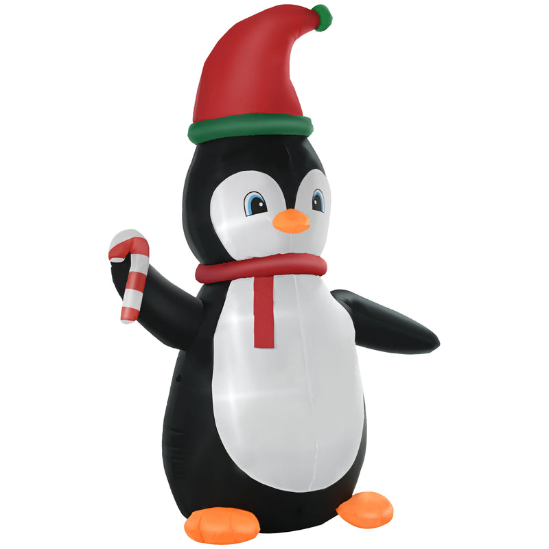 Inflatable penguin Christmas display with built-in LED wearing a Santa hat and scarf on a white background