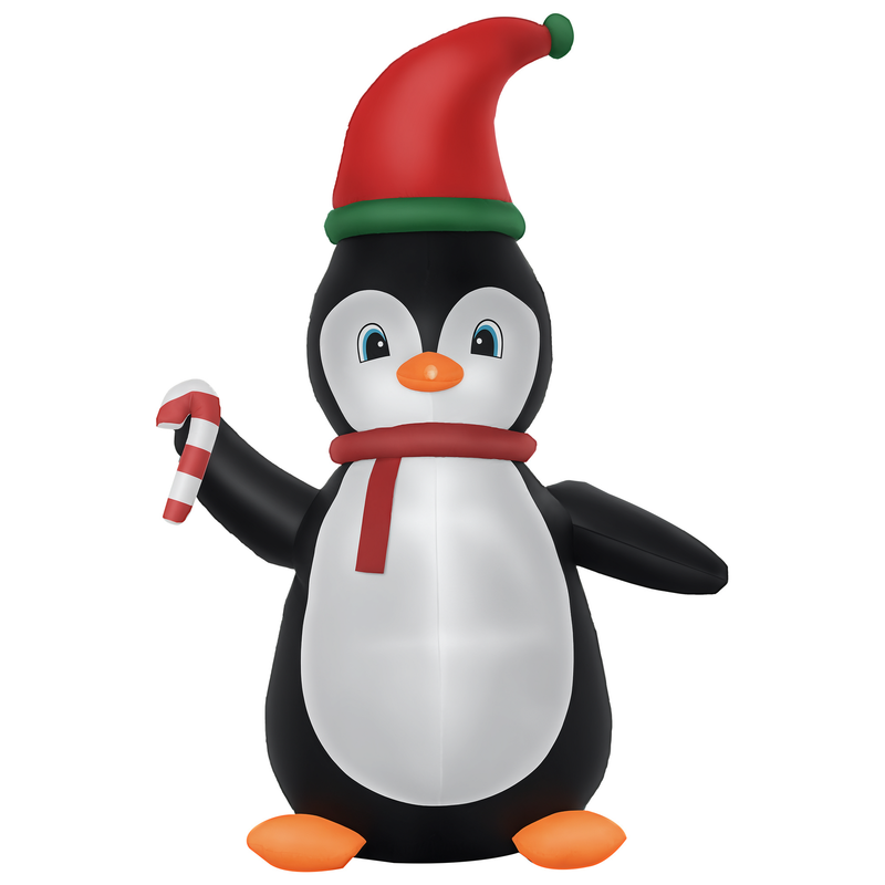 Inflatable Christmas display penguin wearing a red Santa hat and scarf on a white background