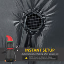 Inflatable snowman Christmas display with built-in LED decoration with air blower and text about instant setup.