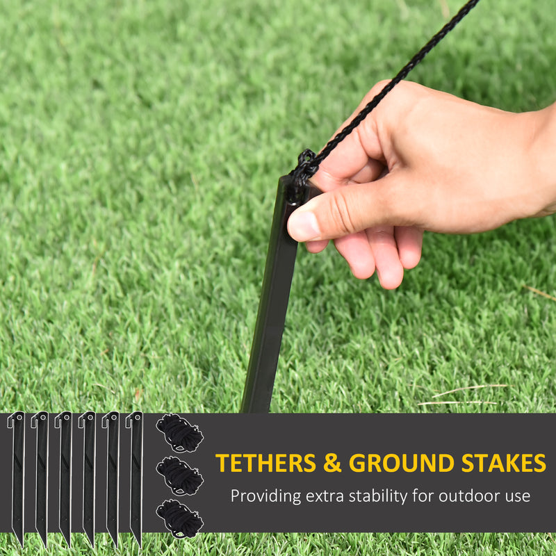 Hand securing a black tether to a ground stake on grass, with text about tethers and ground stakes.