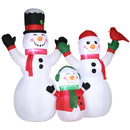 Inflatable snowman family with a child and a bird on a white background