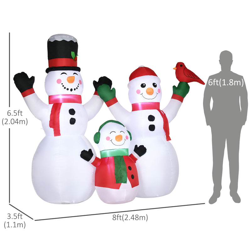 Inflatable snowman family with measurements and a silhouette for scale on a white background