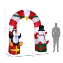 Inflatable Christmas arch with penguin and snowman decorations, showing dimensions and a person for scale.
