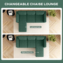 Two views of a changeable chaise lounge on a green sofa on a wooden floor.