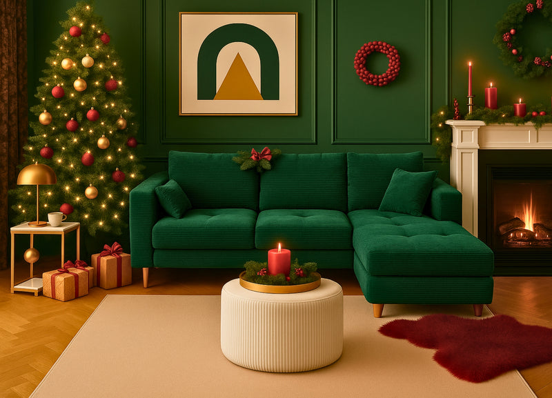 Cozy living room decorated for Christmas with a green sofa, Christmas tree, and fireplace.