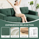 Woman relaxing on a green sofa with text 'Experience Relaxation' and product features.