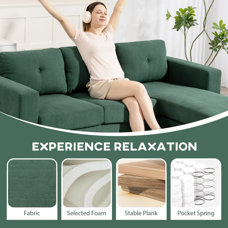 Woman relaxing on a green sofa with text 'Experience Relaxation' and product features.