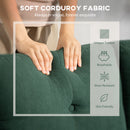 Green corduroy fabric with hands touching it, featuring text and icons about soft corduroy fabric.