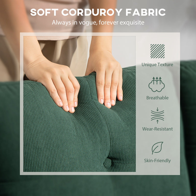 Green corduroy fabric with hands touching it, featuring text and icons about soft corduroy fabric.