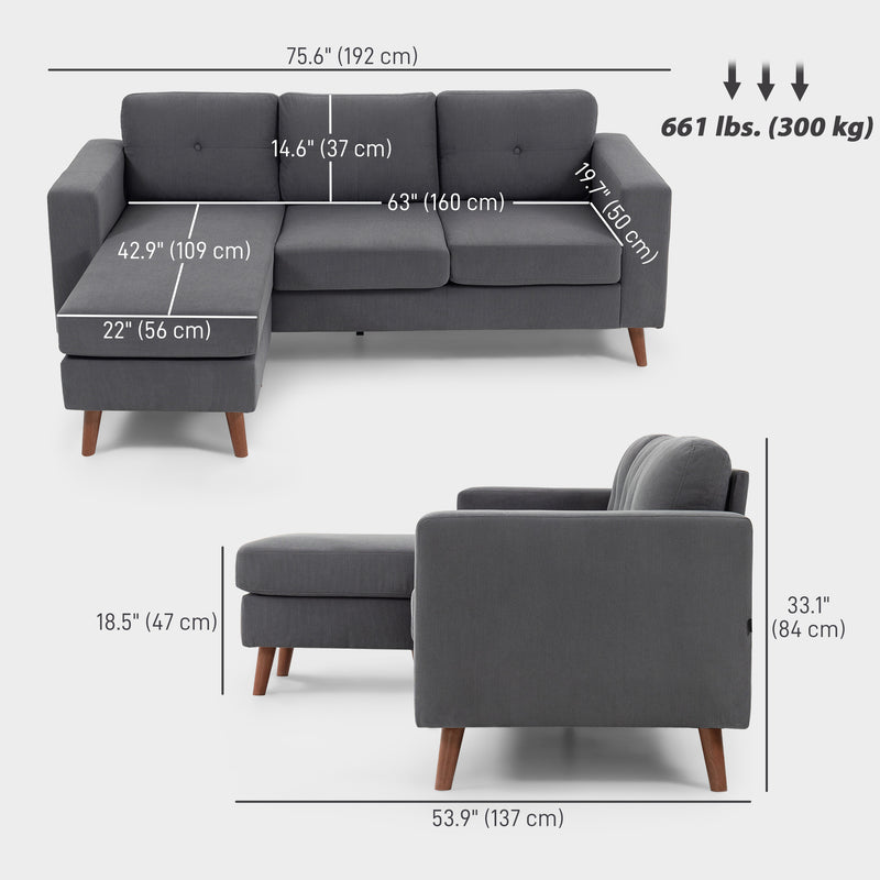 Gray sectional sofa with dimensions labeled on a white background