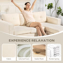 Woman relaxing on a cream white sectional sofa with text about product features. pocket spring cushions. 