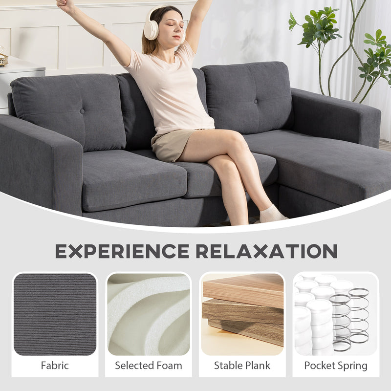 Woman relaxing on a gray sectional sofa with text about product features.