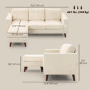 Beige sofa set with dimensions and weight displayed on a light grey background