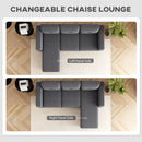 Gray L-shaped sofa with labeled left and right hand chaie lounge sections on a wooden floor.