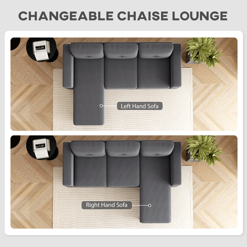 Gray L-shaped sofa with labeled left and right hand chaie lounge sections on a wooden floor.