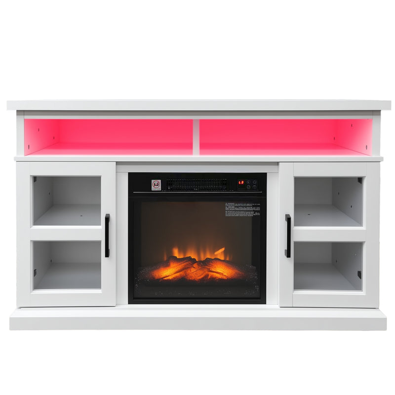 Lima 48" Electric Fireplace TV Stand for TVs Up to 55" Entertainment Center with 3D Flame, LED Lights and Adjustable Media Shelves - White