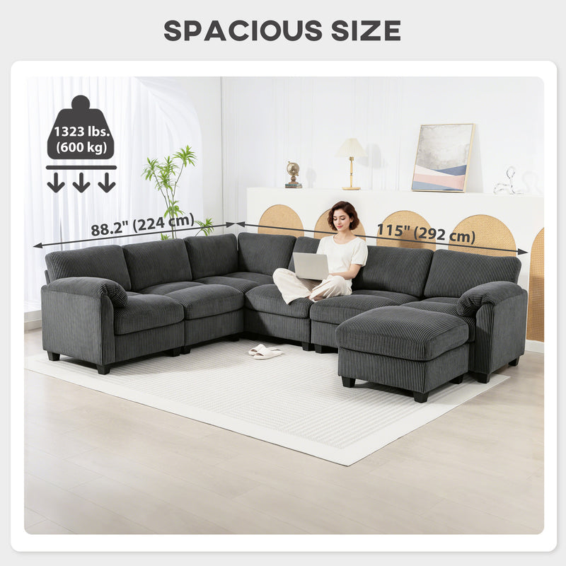 Mallow Heights Modular Sectional Sofa, Oversized U-Shaped Couch with Spring Cushion, Corduroy Sofa for Living Room, Charcoal Grey