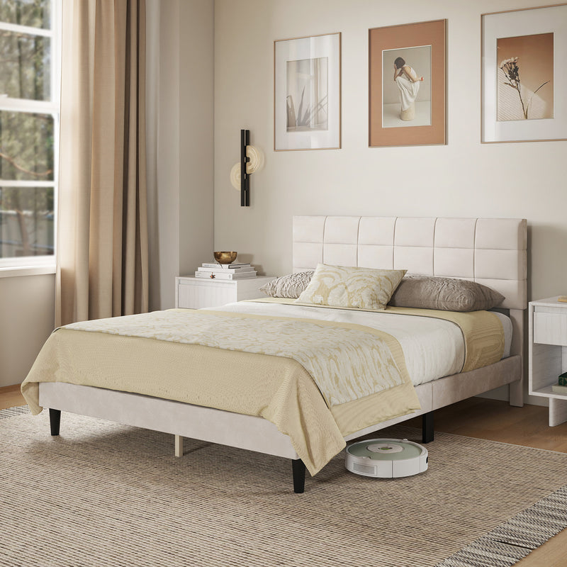 Mara Queen Size Upholstered Platform Bed Frame with Wood Slats - Cream White