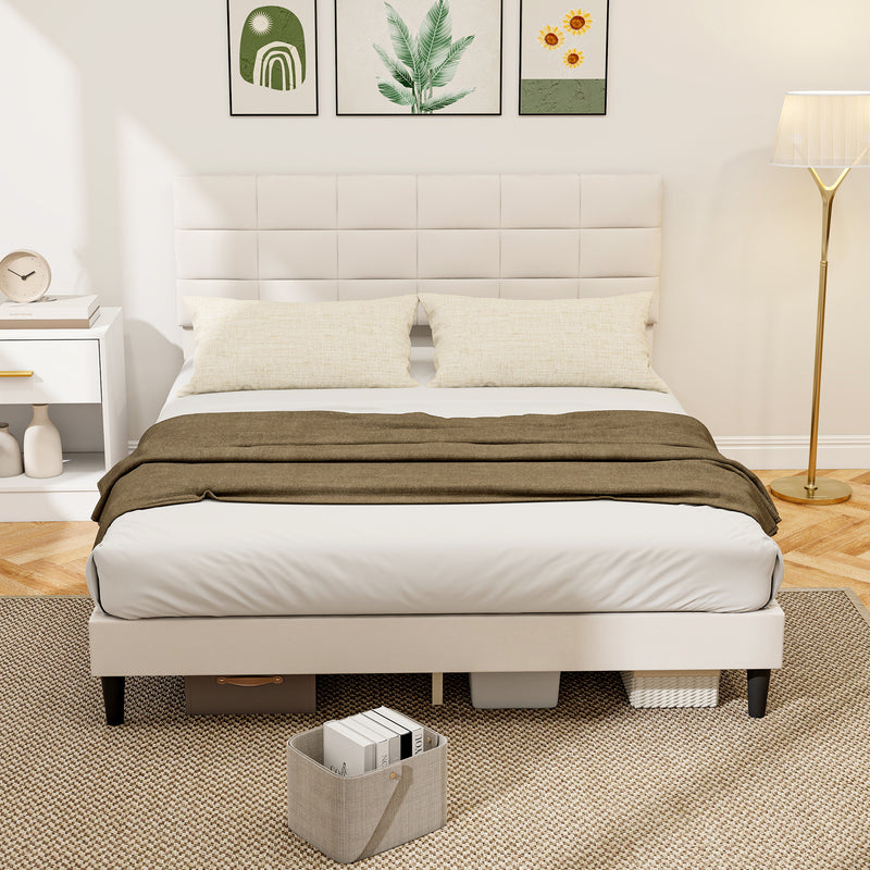 Mara Queen Size Upholstered Platform Bed Frame with Wood Slats - Cream White
