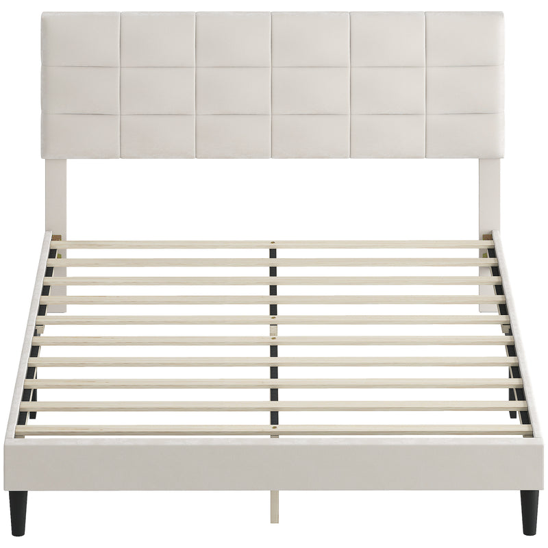 Mara Queen Size Upholstered Platform Bed Frame with Wood Slats - Cream White