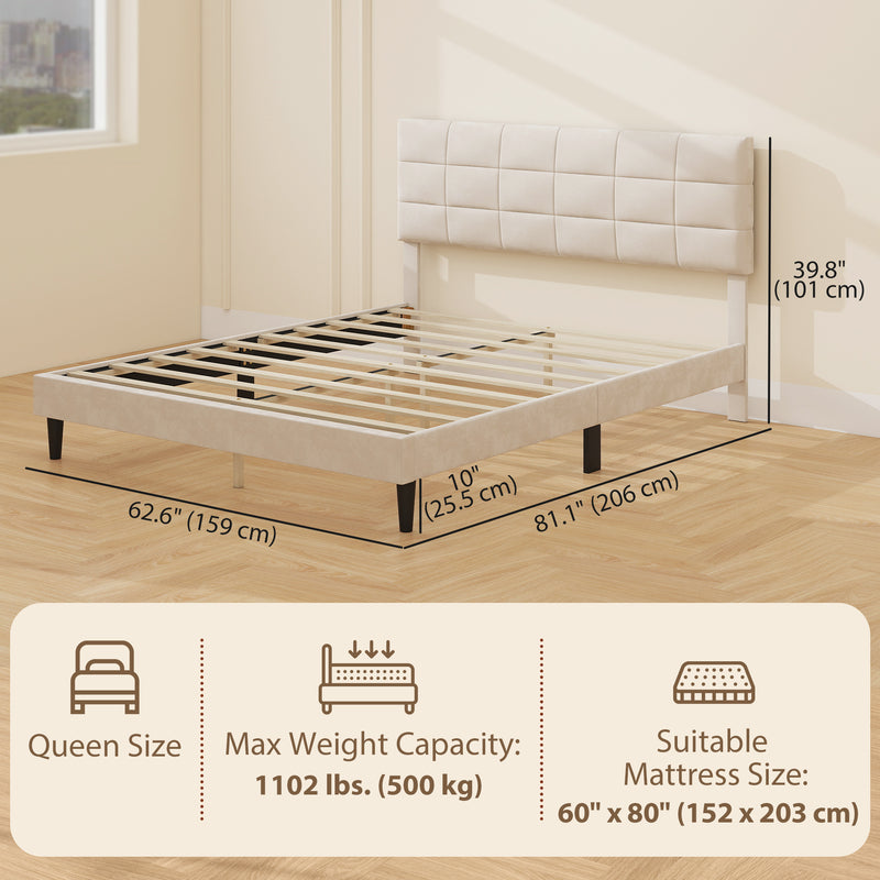 Mara Queen Size Upholstered Platform Bed Frame with Wood Slats - Cream White