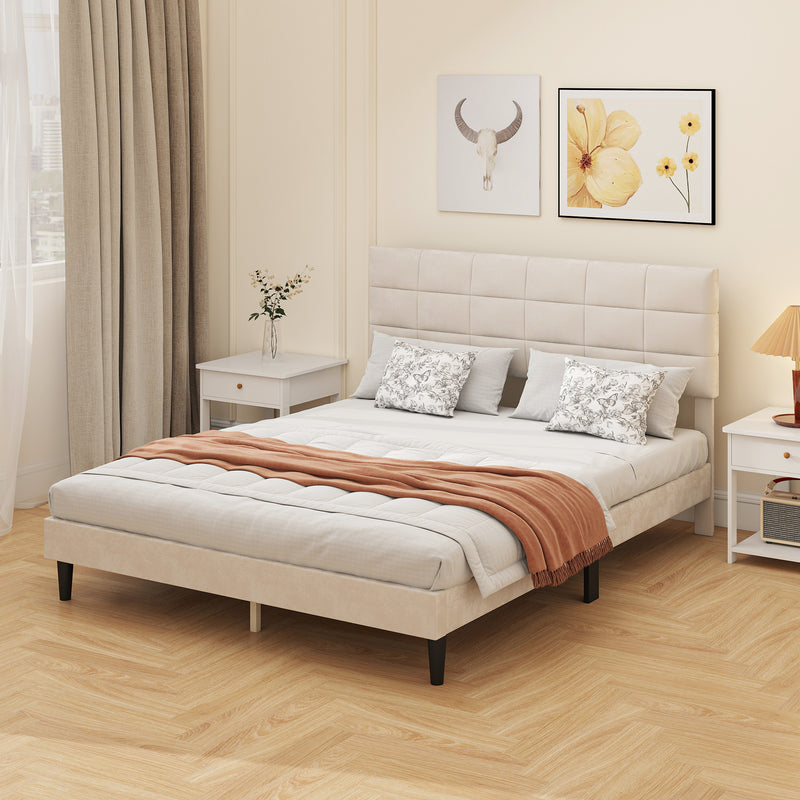 Mara Queen Size Upholstered Platform Bed Frame with Wood Slats - Cream White