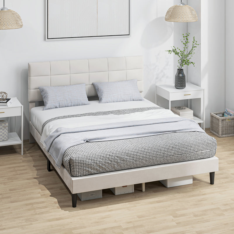 Mara Queen Size Upholstered Platform Bed Frame with Wood Slats - Cream White