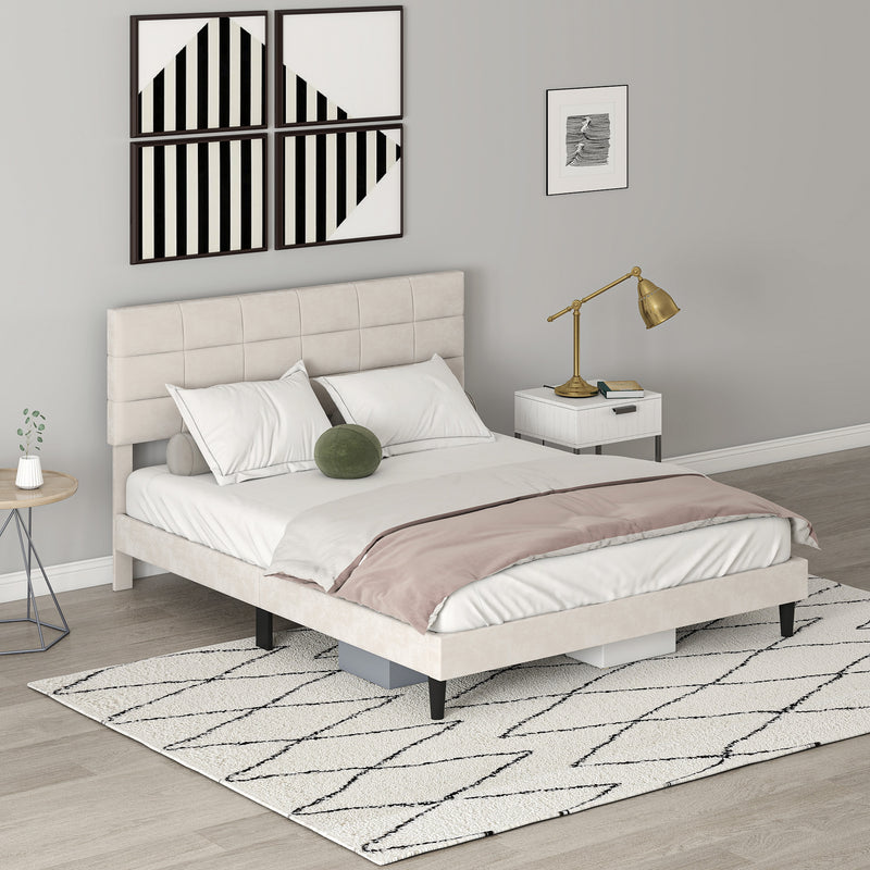 Mara Queen Size Upholstered Platform Bed Frame with Wood Slats - Cream White