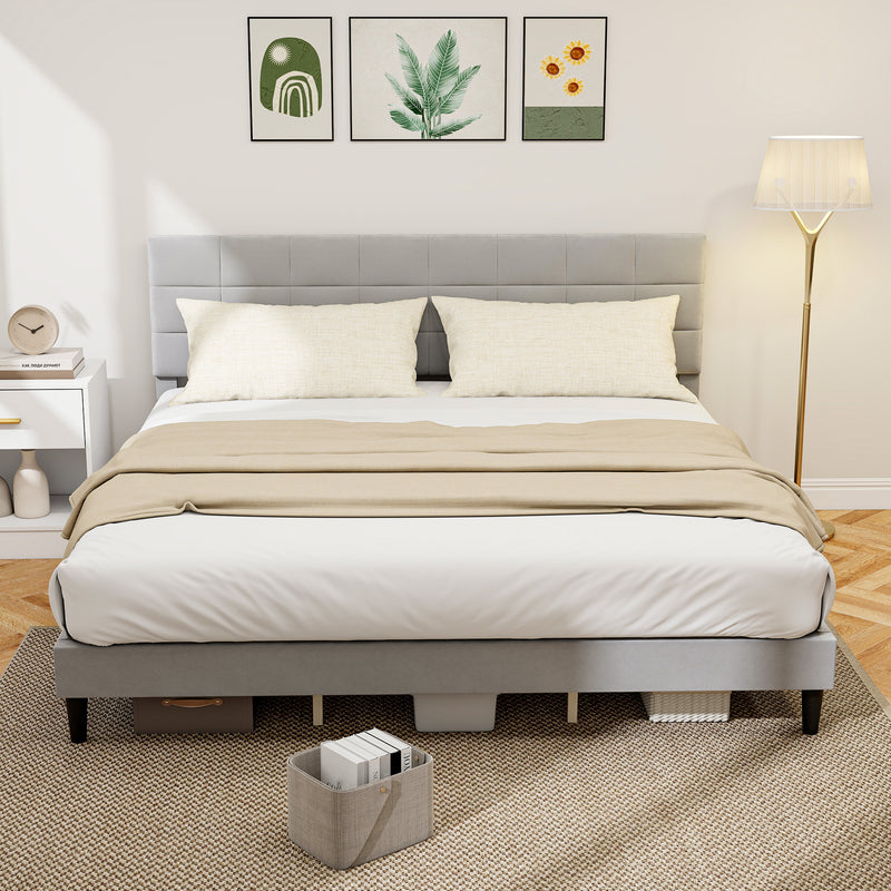 Mara King Size Upholstered Platform Bed Frame with Wood Slats - Grey